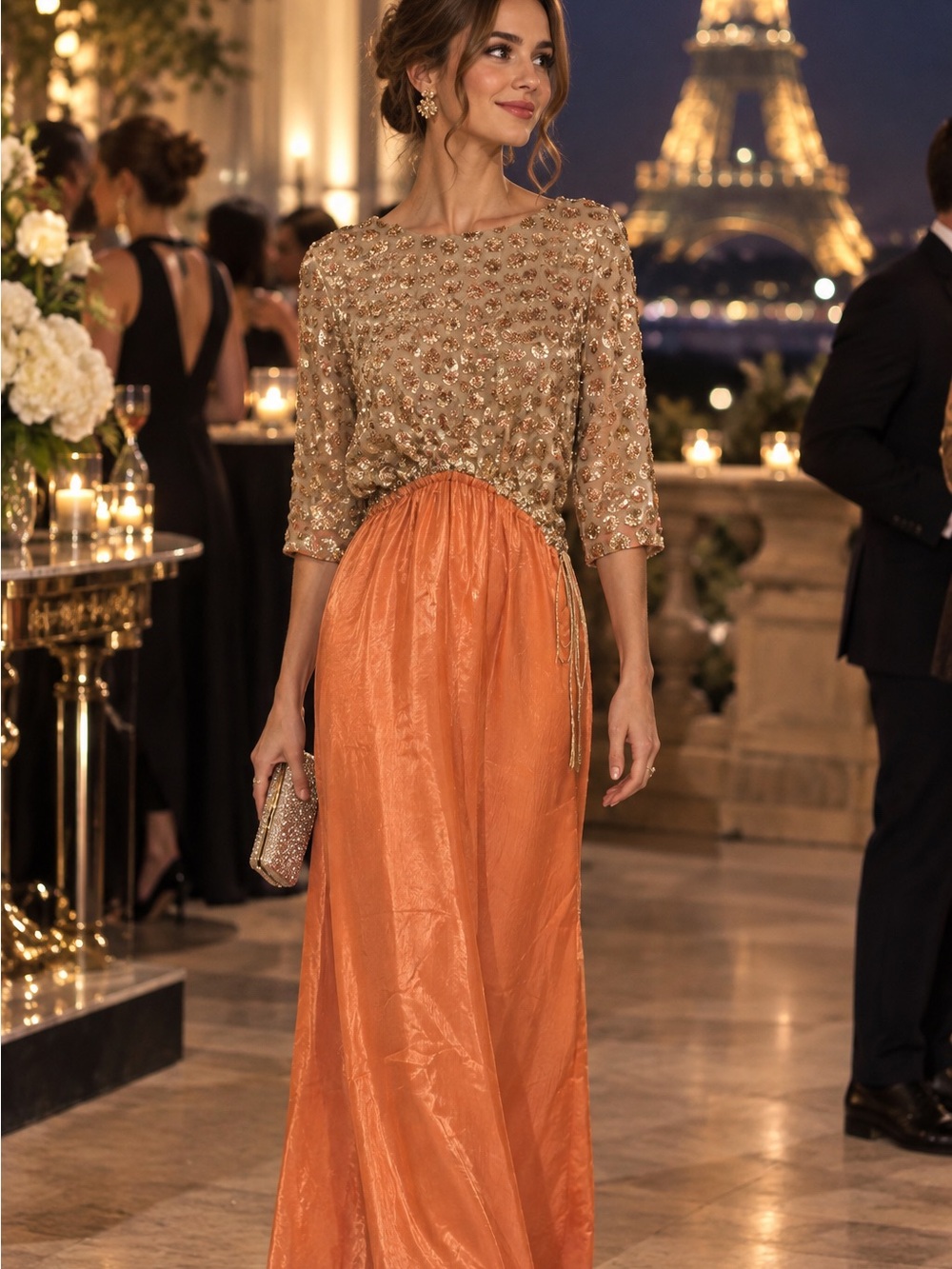 Gold Sequin Bodice & Orange Satin Skirt Evening Dress